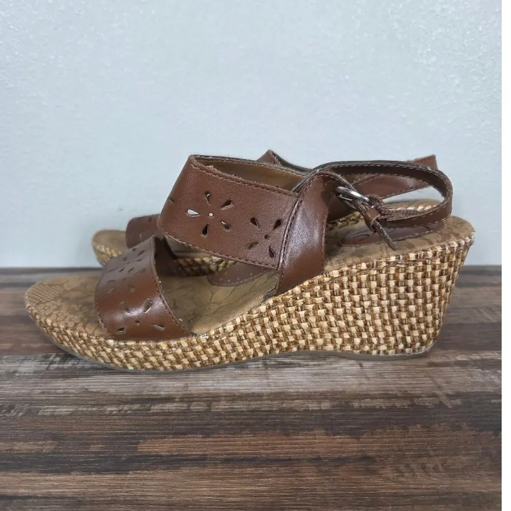 Born Concept Woman's Brown Leather Wedge Heel Tan Weave Sandal Size 9 Boho Indie
